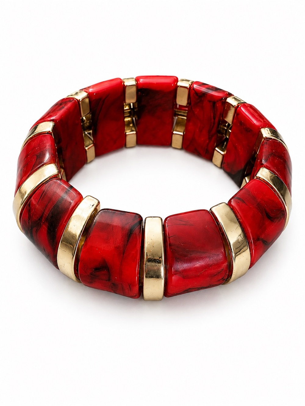 New Bold Red Marbled Stretch Bracelet – Chunky Statement Gold Tone